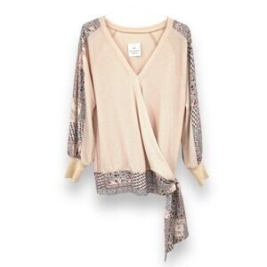 Faux wrap blouse M waffle knit patchwork side tie boho long sleeve cottage NEW